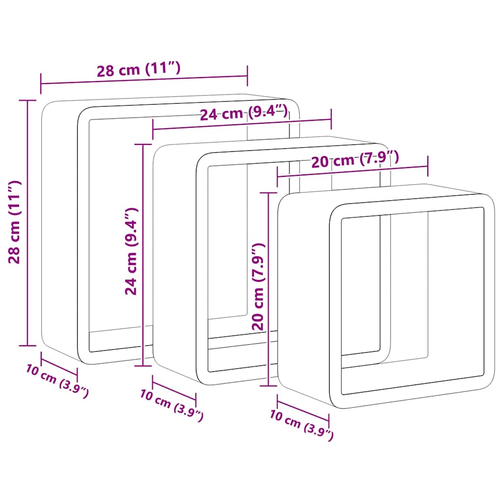 Mensole a Cubo da Parete 3 pz Grigie in MDF