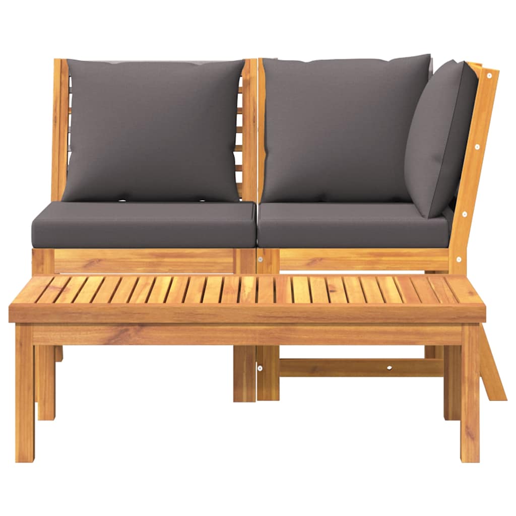Set Divani Giardino 3pz Cuscini Grigio Scuro Acacia Massello