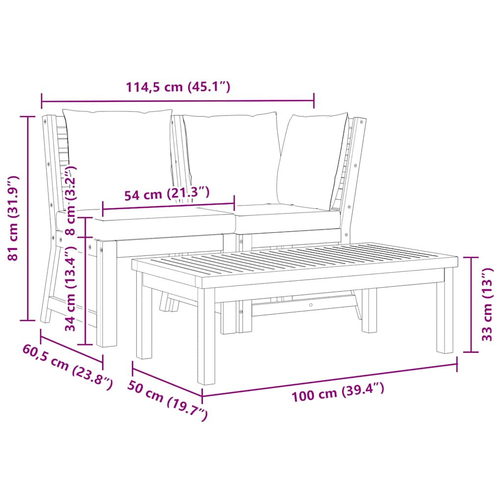 Set Divani Giardino 3pz Cuscini Grigio Scuro Acacia Massello - homemem39