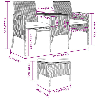 Divano da Giardino a 2 Posti Tavolino e Pouf Polyrattan Grigio | homemem39