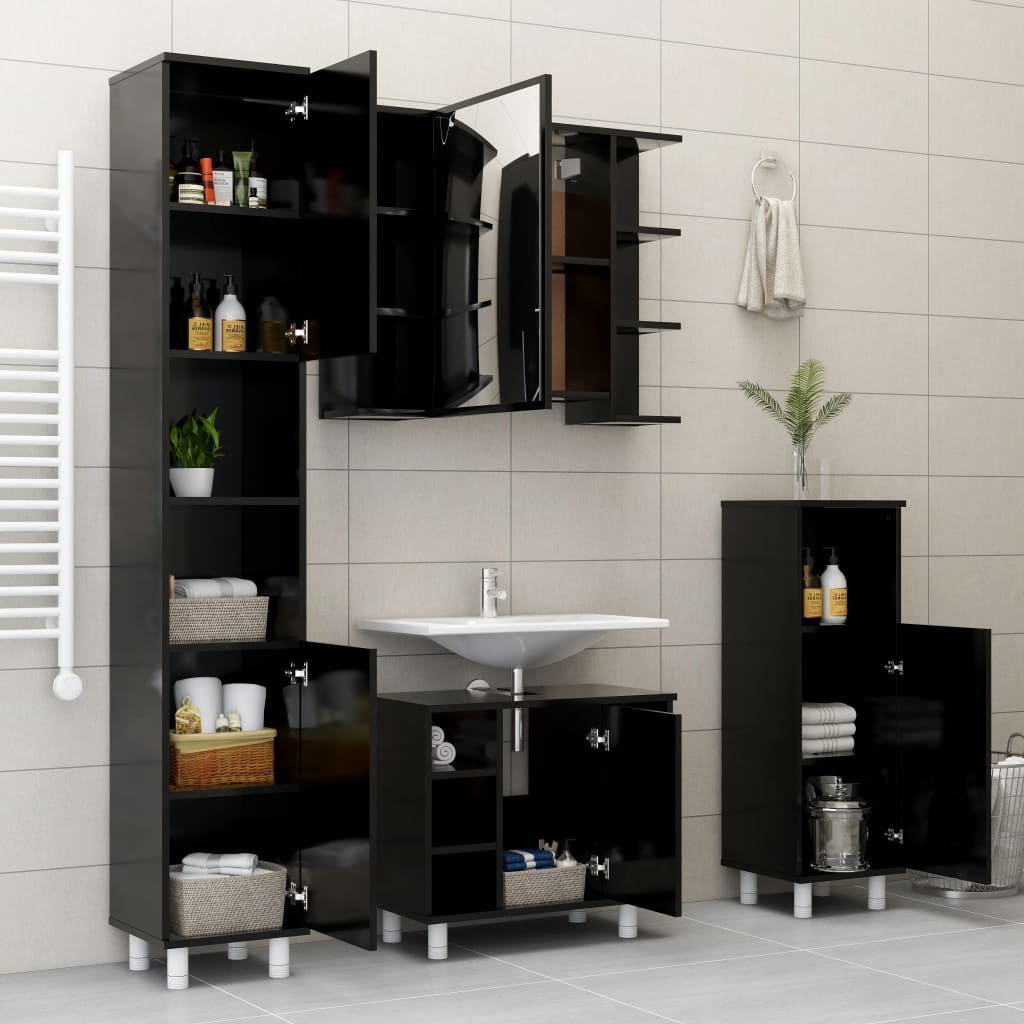 Mobile da Bagno Nero 30x30x95 cm in Legno Multistrato | homemem39