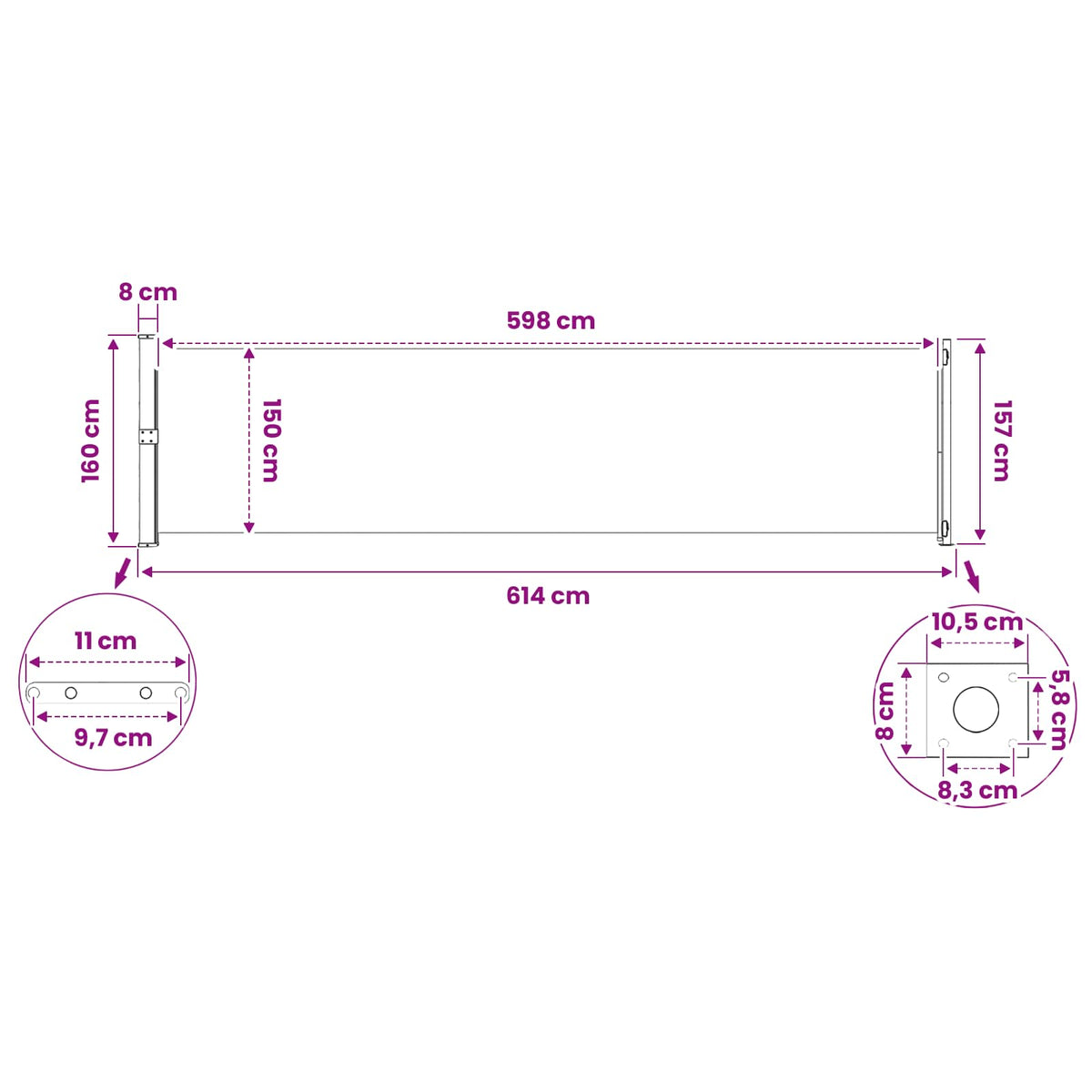 Tenda Laterale Retrattile per Patio 600x160 cm Nera