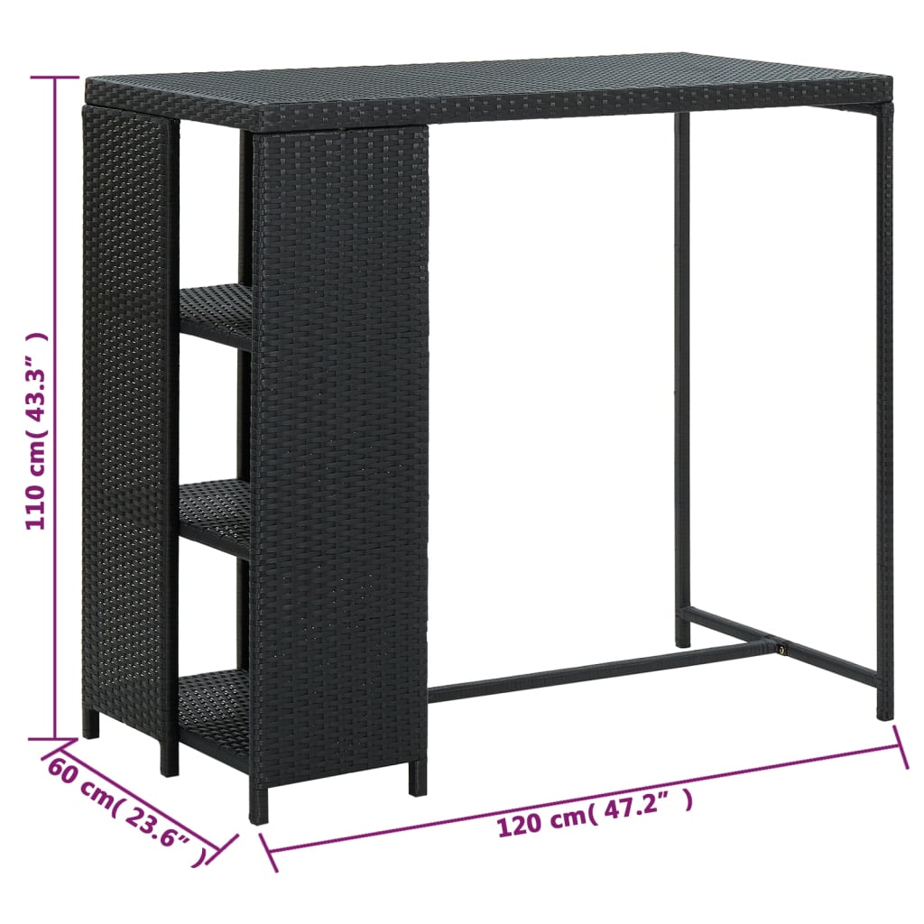 Tavolo da Bar con Ripiani Nero 120x60x110 cm in Polyrattan - homemem39
