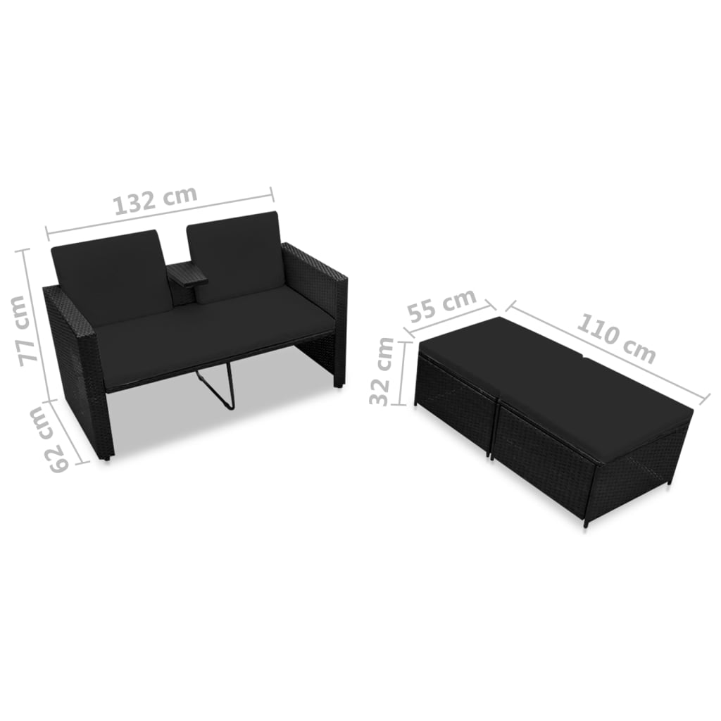 Set Divani da Giardino 3 pz con Cuscini in Polyrattan Nero - homemem39