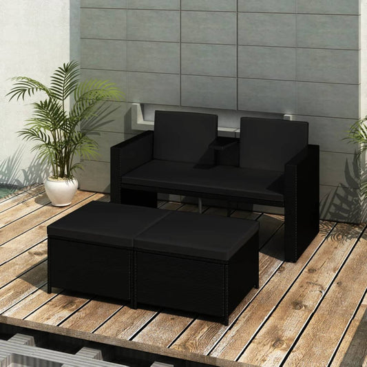 Set Divani da Giardino 3 pz con Cuscini in Polyrattan Nero - homemem39