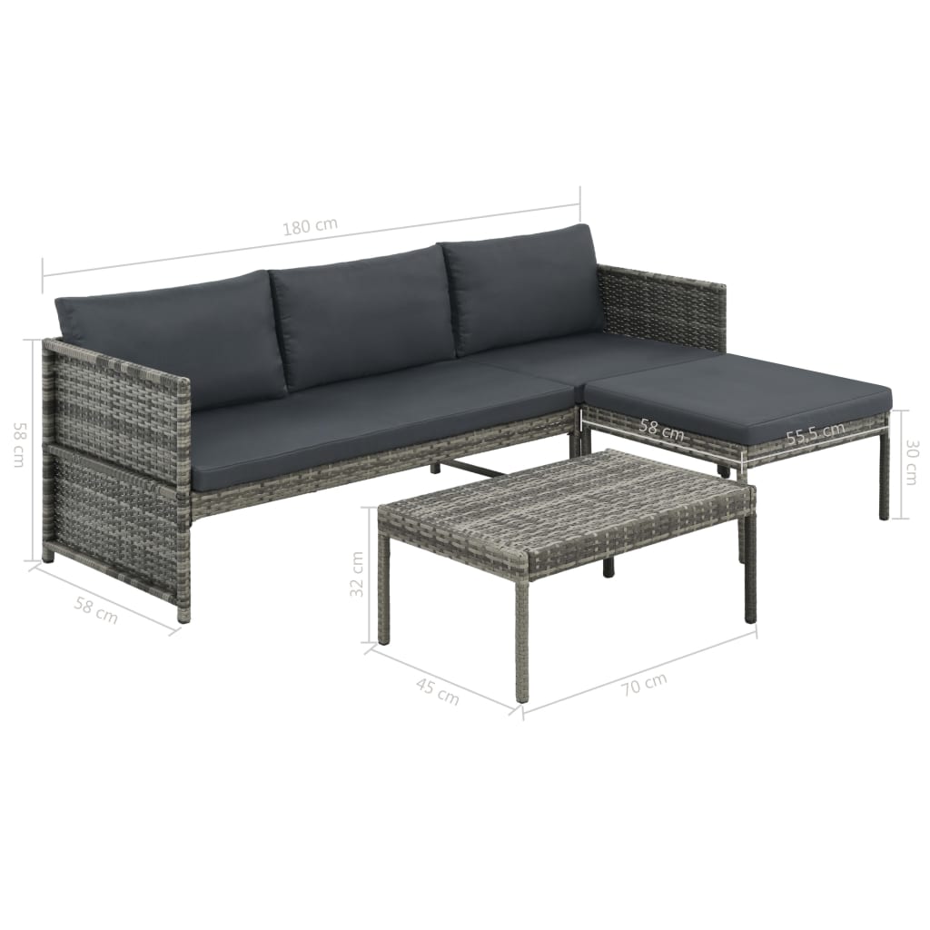 Set Divani da Giardino 3 pz con Cuscini in Polyrattan Grigio - homemem39