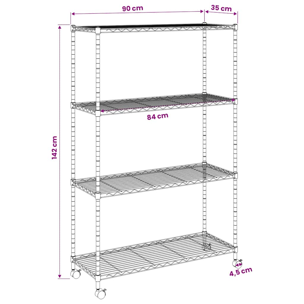 Scaffale a 4 Livelli con Ruote 90x35x142 cm Nero 200 kg | homemem39