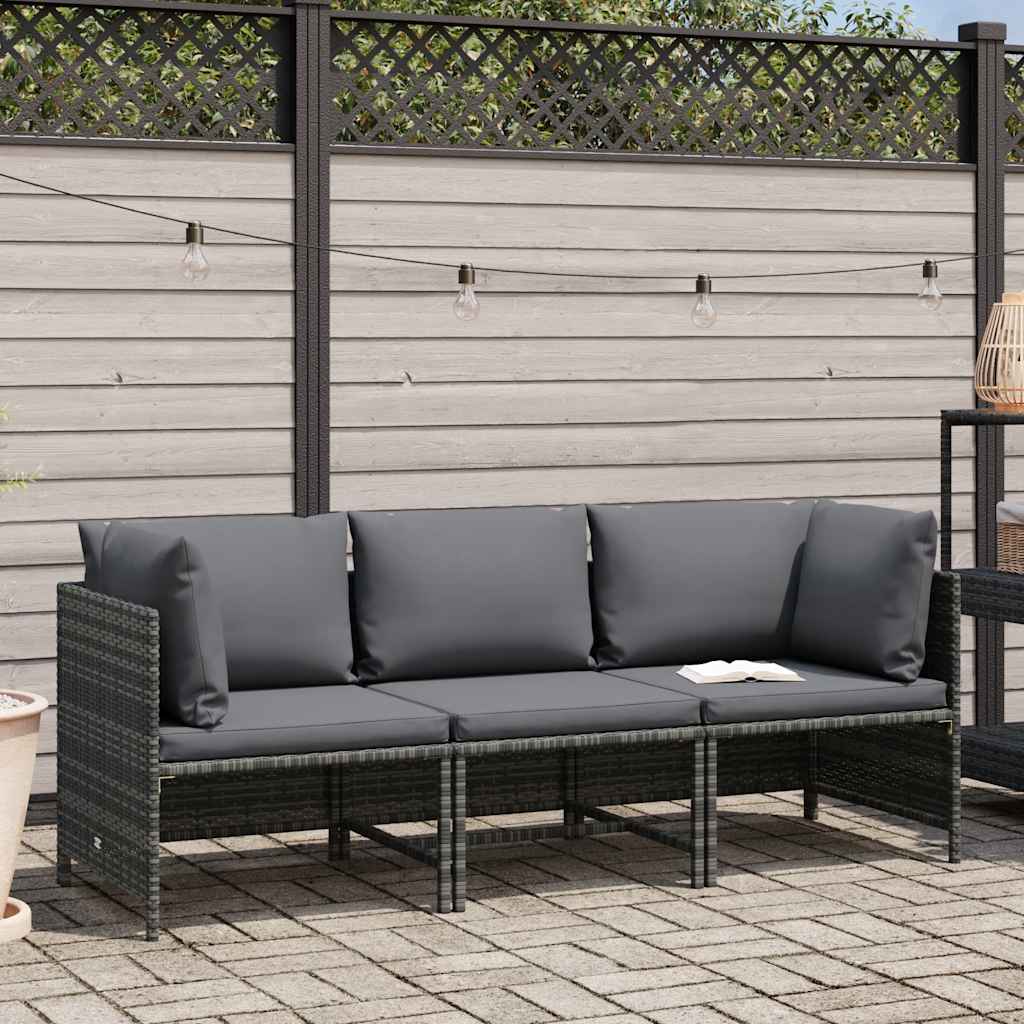 Divano da Giardino a 3 Posti con Cuscini in Polyrattan Grigio