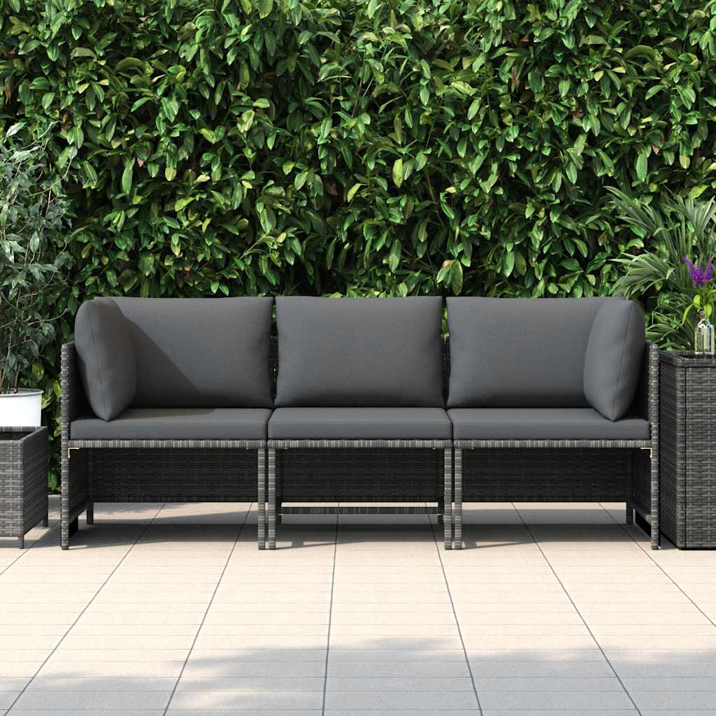 Divano da Giardino a 3 Posti con Cuscini in Polyrattan Grigio