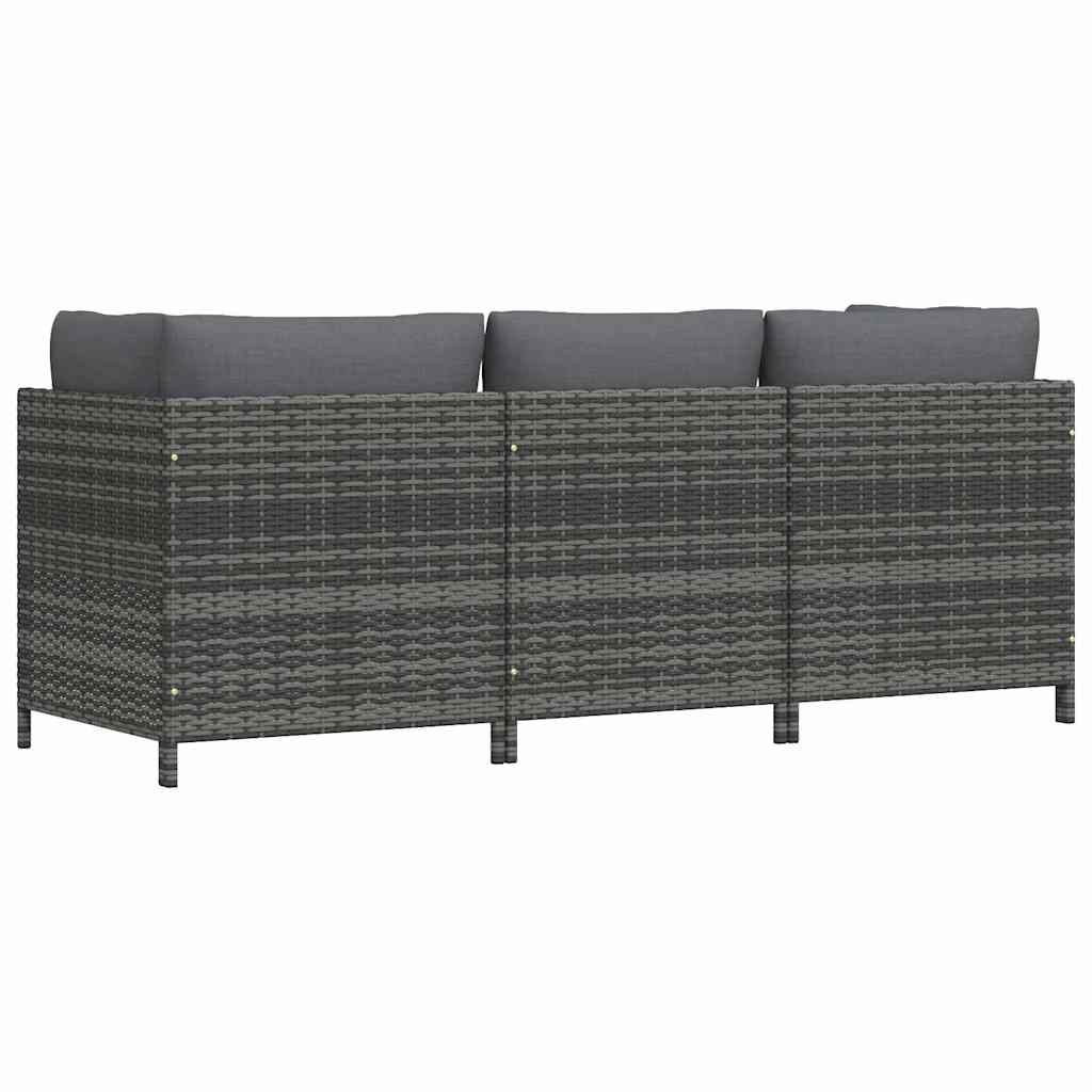 Divano da Giardino a 3 Posti con Cuscini in Polyrattan Grigio