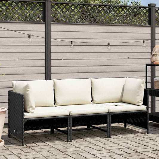 Divano da Giardino a 3 Posti con Cuscini in Polyrattan Nero - homemem39