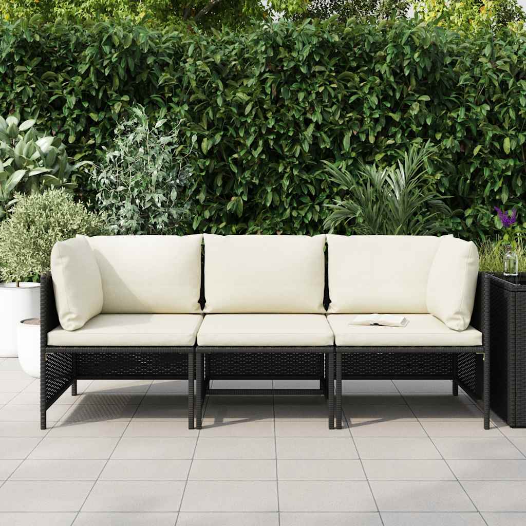 Divano da Giardino a 3 Posti con Cuscini in Polyrattan Nero | homemem39