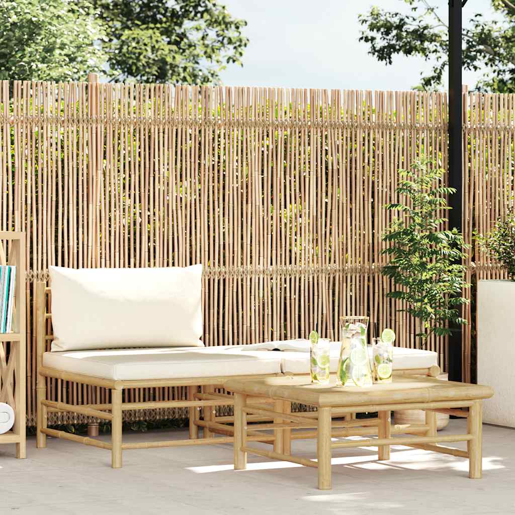 Set Divani da Giardino 3 pz con Cuscini Bianco Crema in Bambù | homemem39