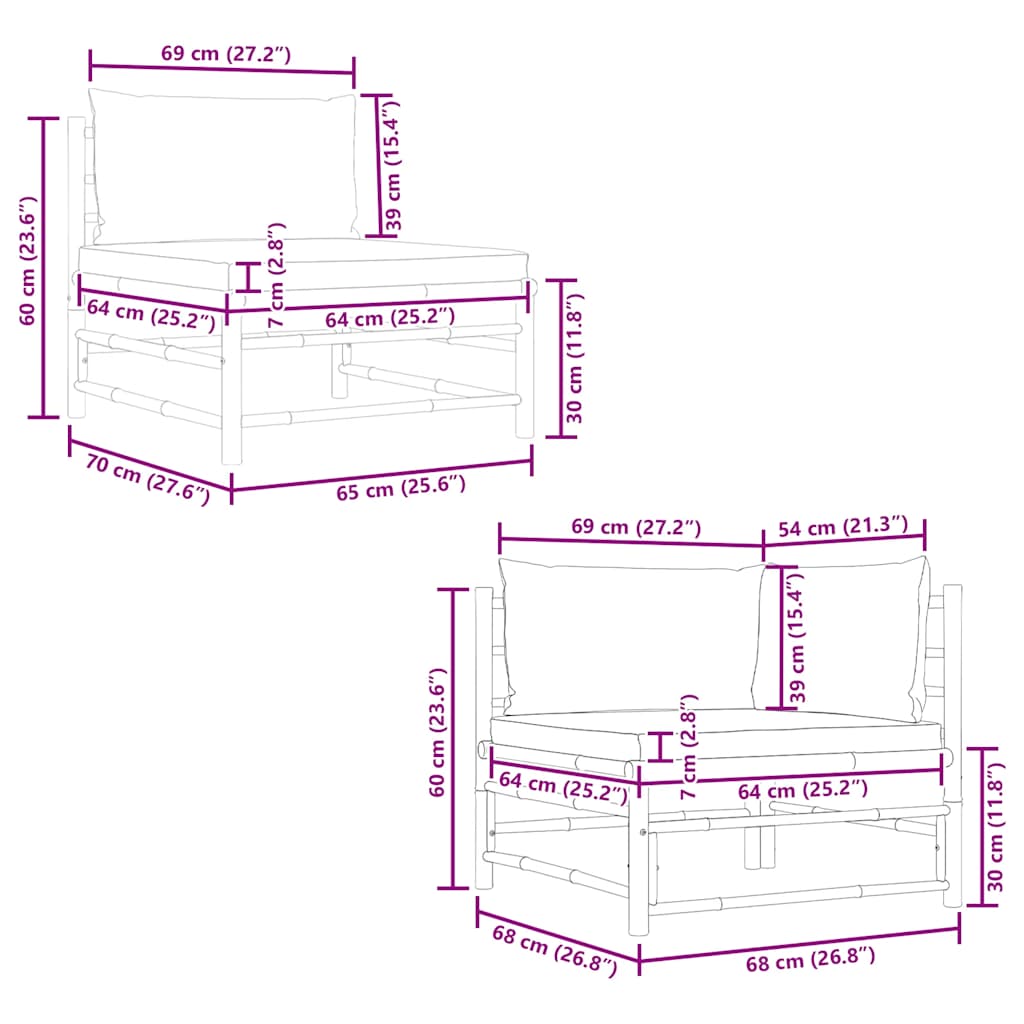 Set Divani da Giardino 2 pz con Cuscini Bianco Crema in Bambù - homemem39