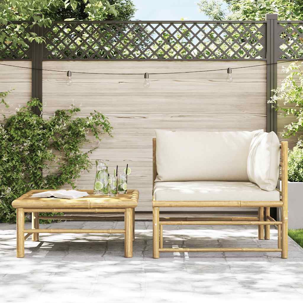 Set Divani da Giardino 2 pz con Cuscini Bianco Crema in Bambù - homemem39