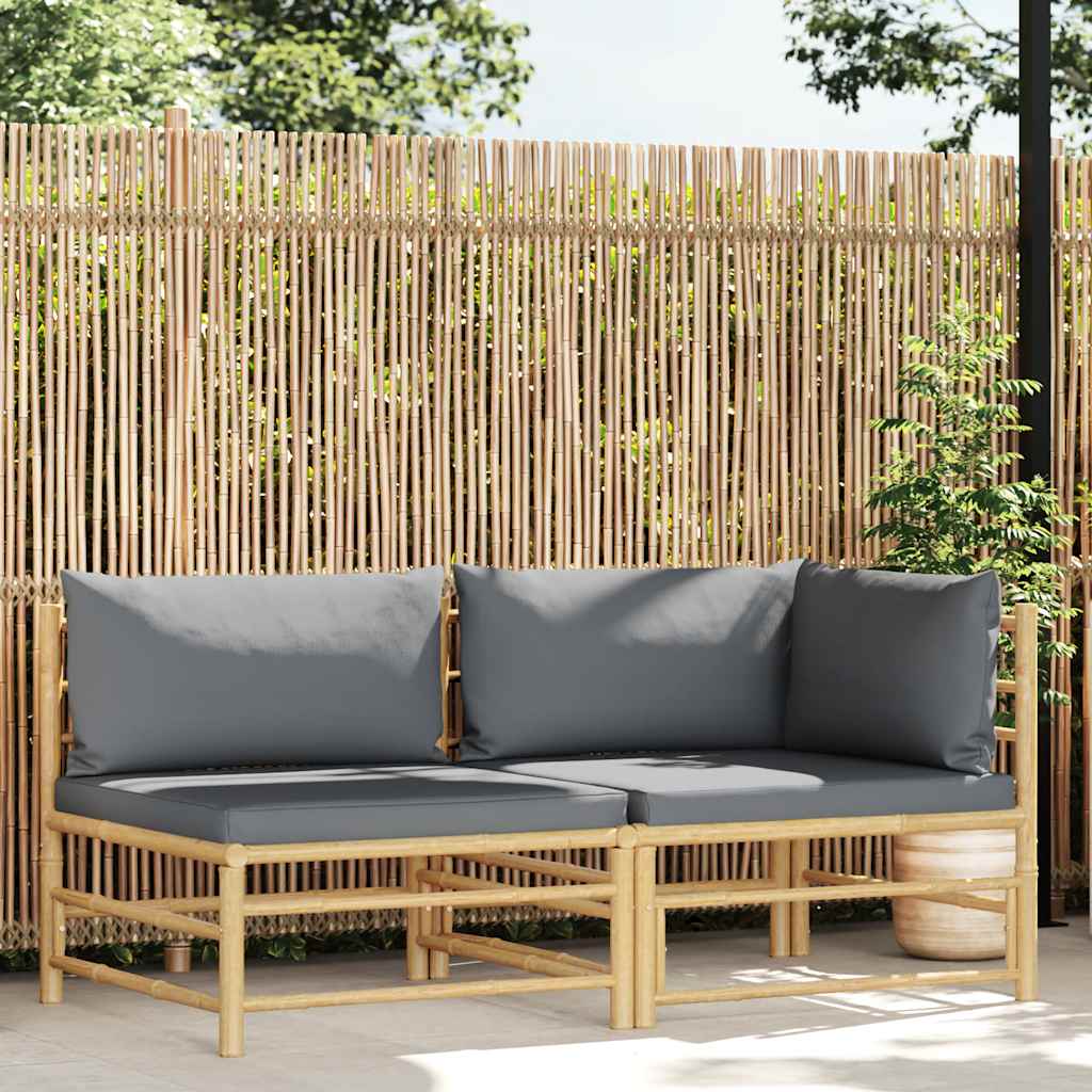 Set Divani da Giardino 2 pz con Cuscini Grigio Scuro in Bambù