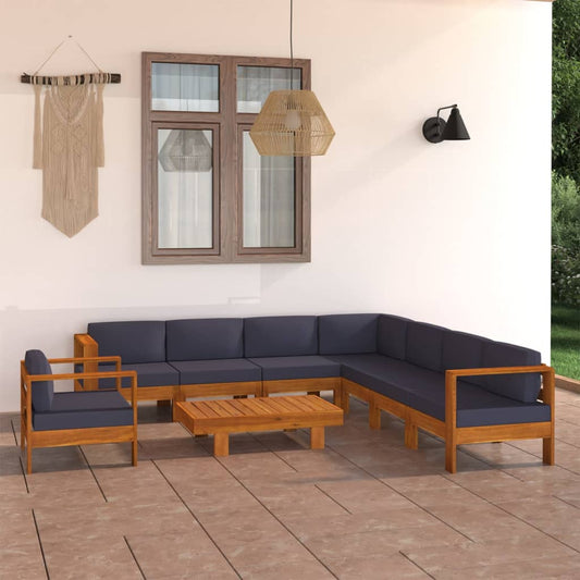 Set Divani Giardino 9 Posti Cuscini Grigi Scuro Massello Acacia - homemem39