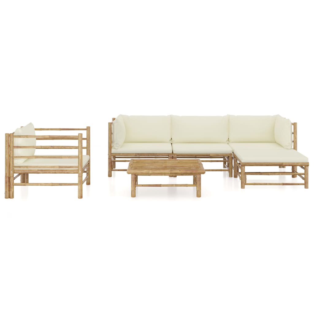 Set Salotto da Giardino 6pz con Cuscini Bianco Crema in Bambù
