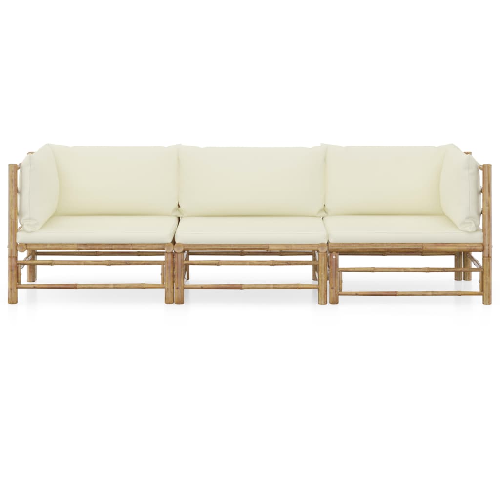 Set Divani da Giardino 3 pz con Cuscini Bianco Crema in Bambù