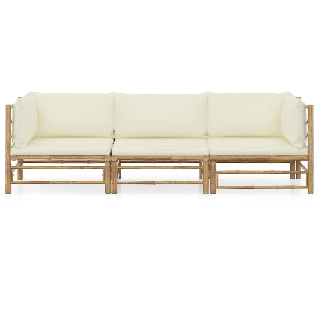 Set Divani da Giardino 3 pz con Cuscini Bianco Crema in Bambù