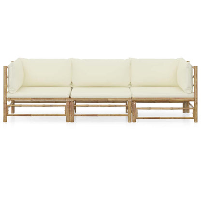 Set Divani da Giardino 3 pz con Cuscini Bianco Crema in Bambù