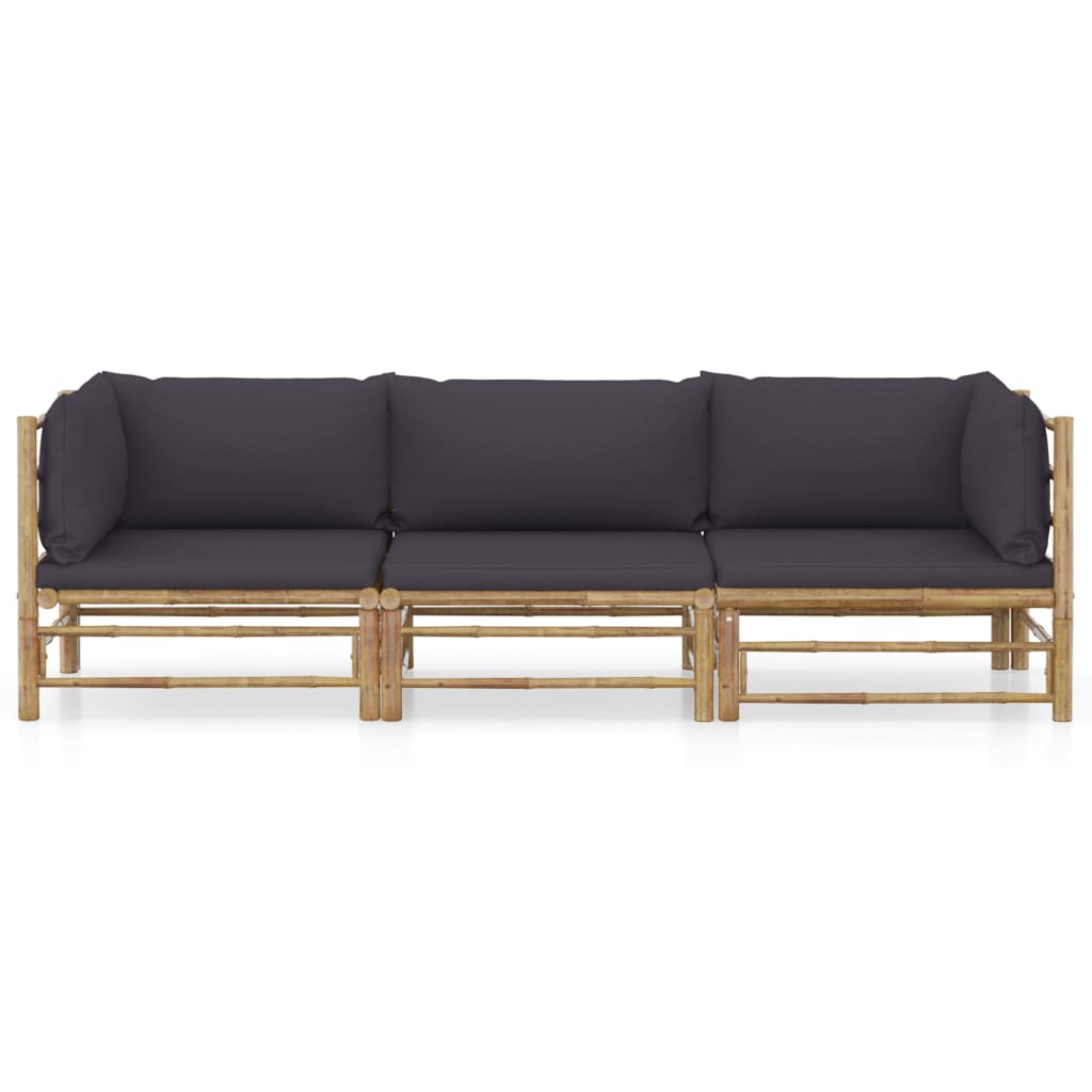 Set Divani da Giardino 3 pz con Cuscini Grigio Scuro in Bambù