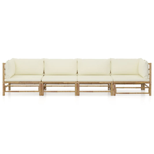 Set Divani da Giardino 4 pz con Cuscini Bianco Crema in Bambù