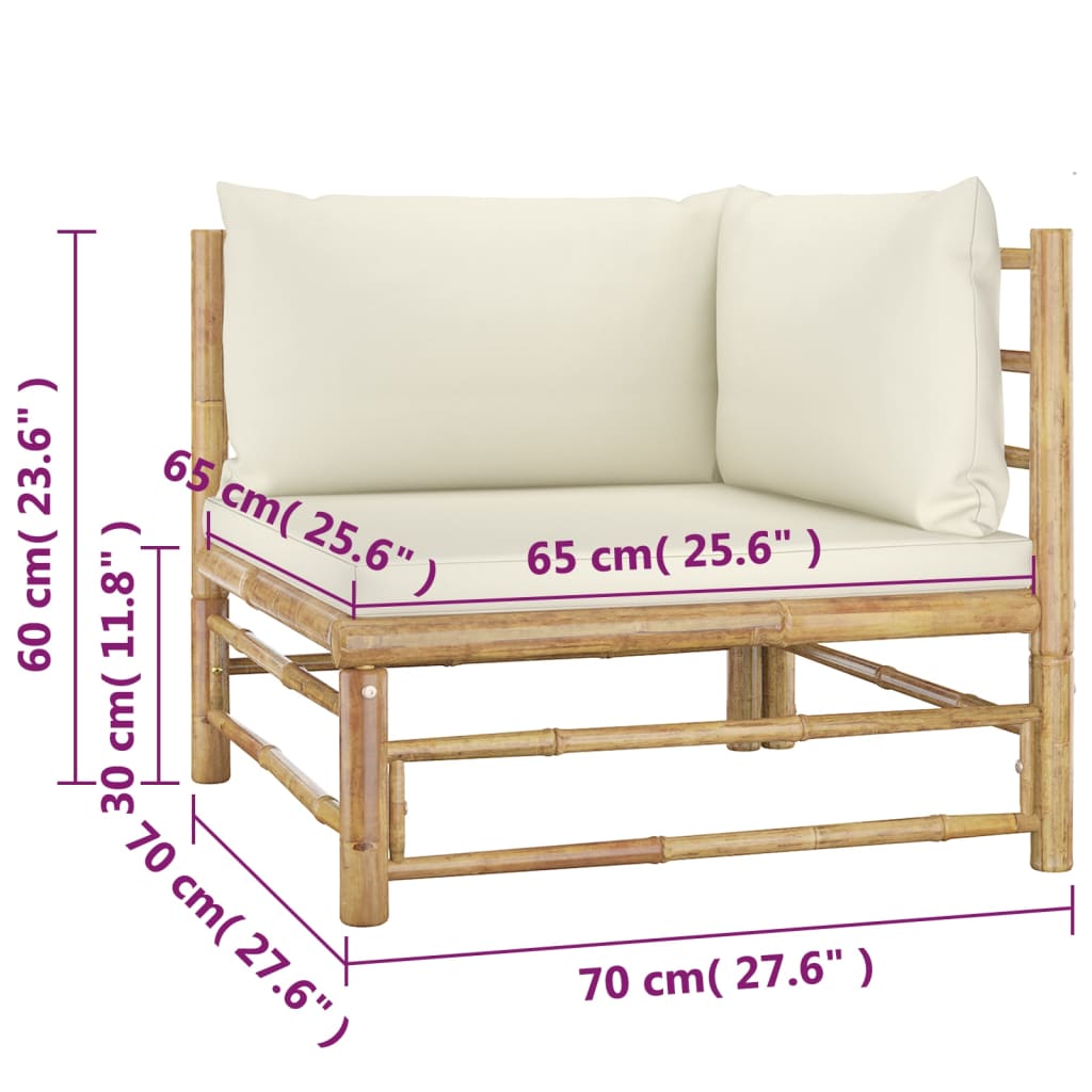 Set Divani da Giardino 4 pz con Cuscini Bianco Crema in Bambù