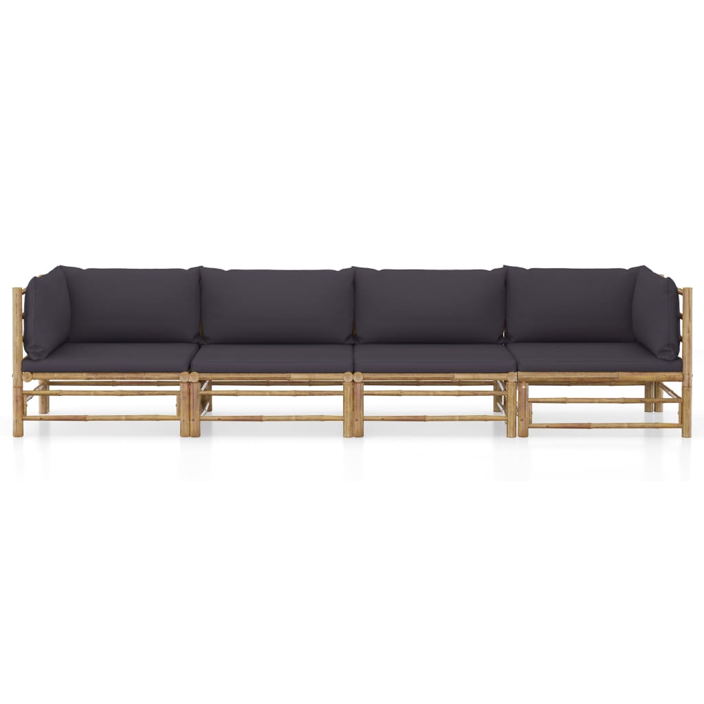 Set Divani da Giardino 4 pz con Cuscini Grigio Scuro in Bambù