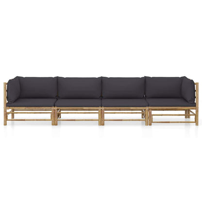 Set Divani da Giardino 4 pz con Cuscini Grigio Scuro in Bambù