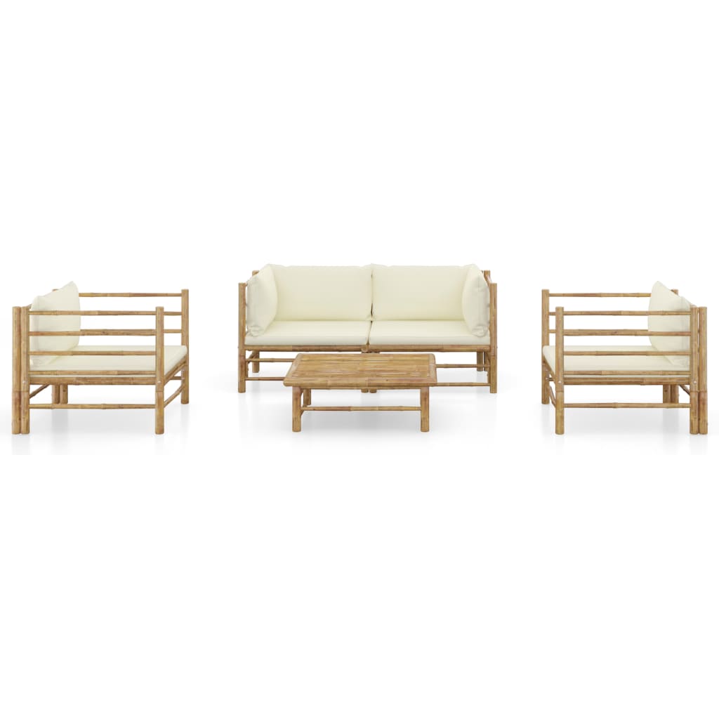 Set Divani da Giardino 5 pz con Cuscini Bianco Crema in Bambù