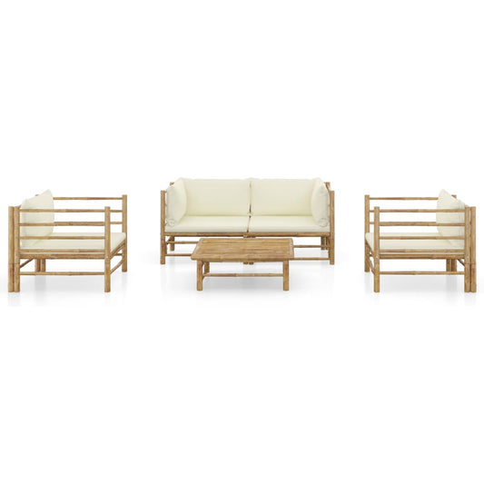 Set Divani da Giardino 5 pz con Cuscini Bianco Crema in Bambù