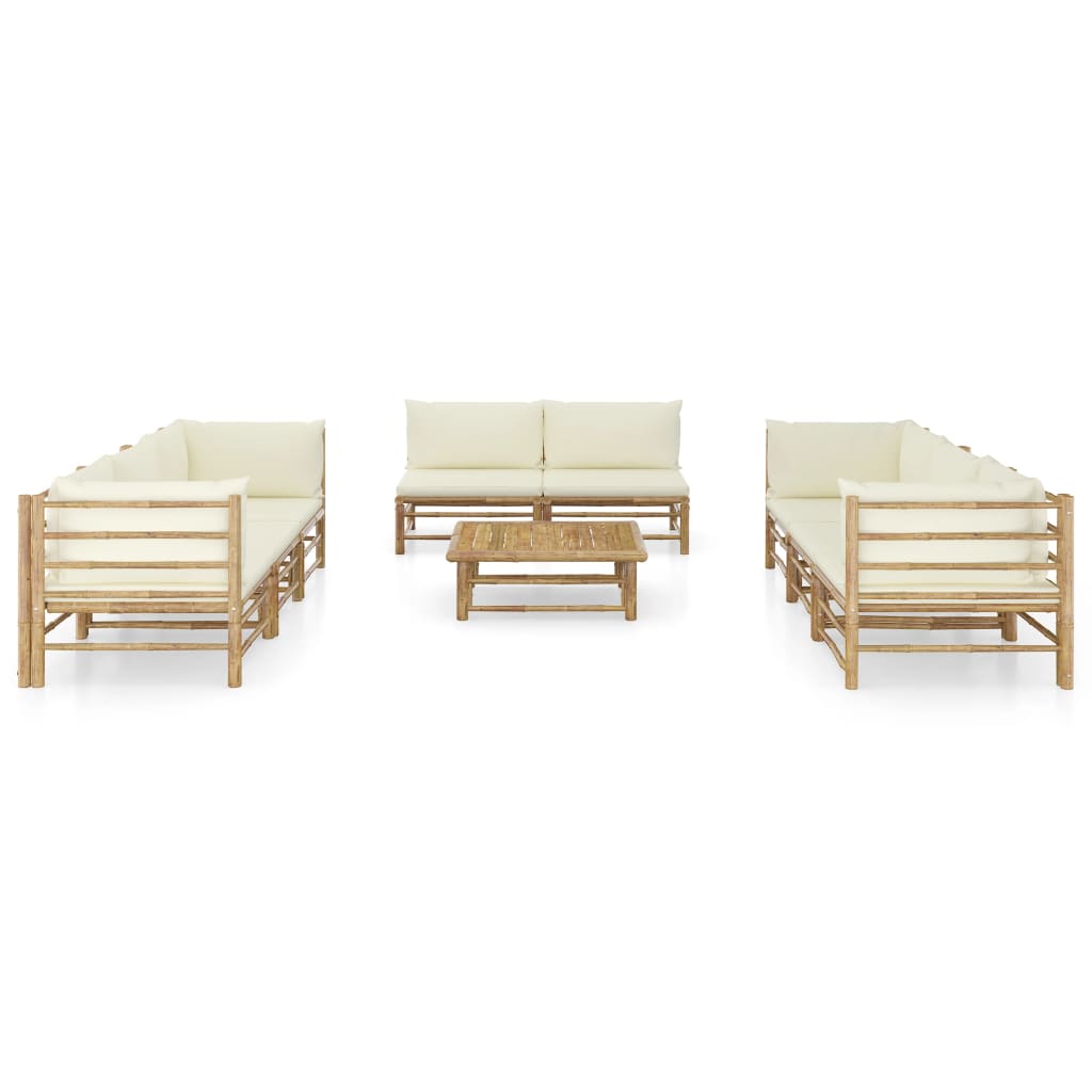 Set Divani da Giardino 9 pz con Cuscini Bianco Crema in Bambù