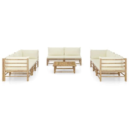 Set Divani da Giardino 9 pz con Cuscini Bianco Crema in Bambù