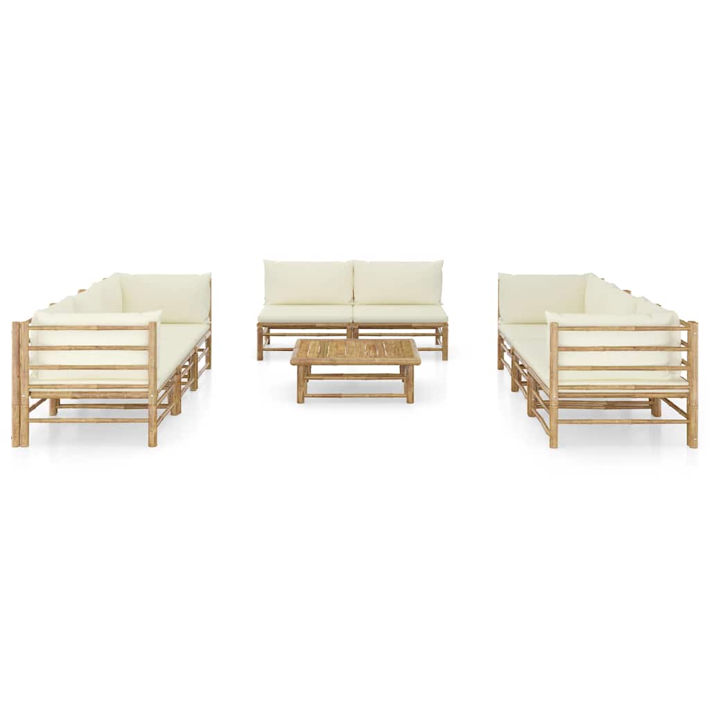 Set Divani da Giardino 9 pz con Cuscini Bianco Crema in Bambù