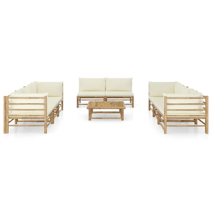 Set Divani da Giardino 9 pz con Cuscini Bianco Crema in Bambù