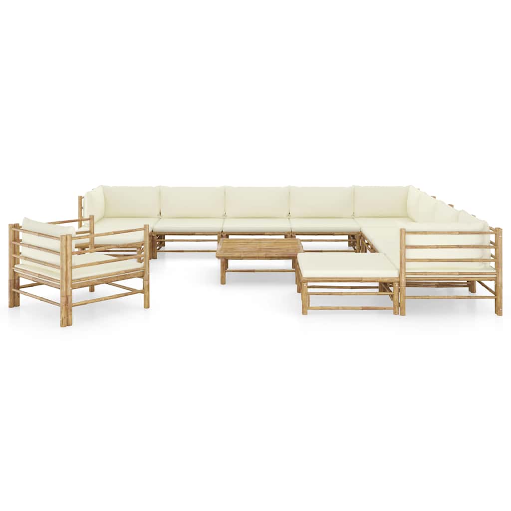 Set Salotto da Giardino 12pz con Cuscini Bianco Crema in Bambù