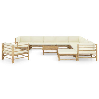 Set Salotto da Giardino 12pz con Cuscini Bianco Crema in Bambù