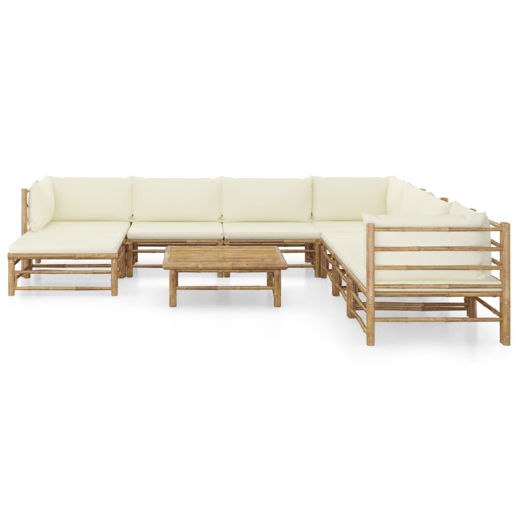 Set Salotto da Giardino 9pz con Cuscini Bianco Crema in Bambù