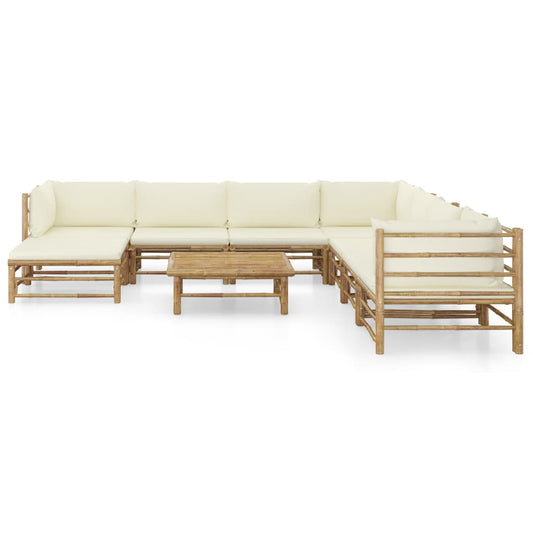 Set Salotto da Giardino 9pz con Cuscini Bianco Crema in Bambù