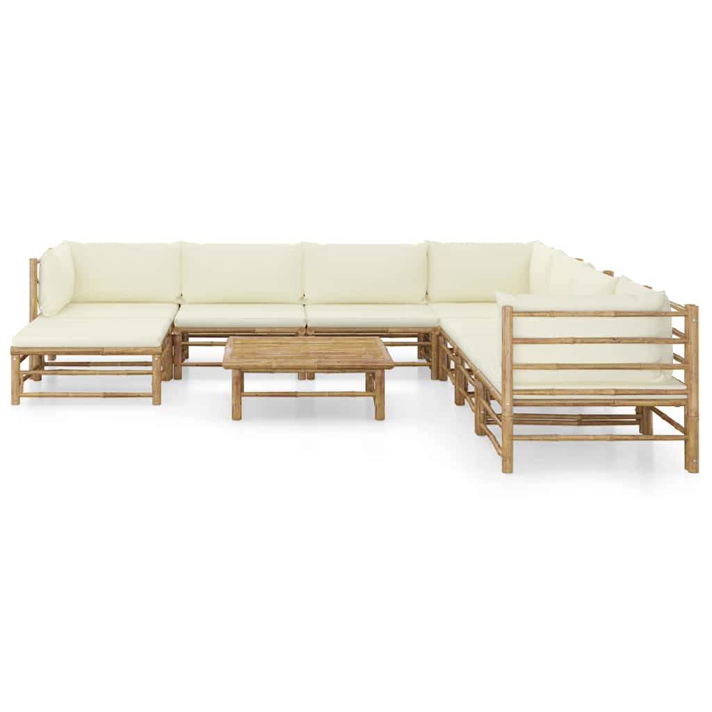 Set Salotto da Giardino 9pz con Cuscini Bianco Crema in Bambù