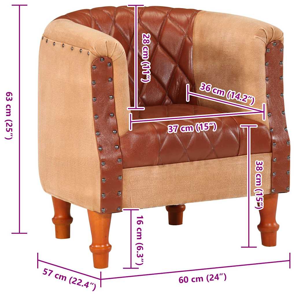 Poltrona a Pozzetto Marrone Vera Pelle e Legno Massello Mango