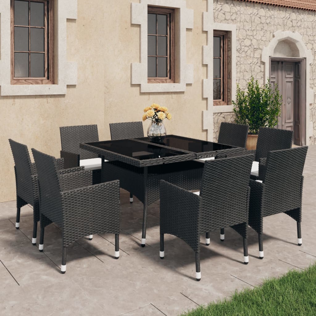 Set Mobili da Pranzo per Giardino 9 pz Polyrattan e Vetro Nero - homemem39