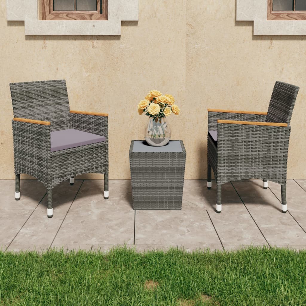 Set Bistrot Giardino 3 pz Polyrattan e Vetro Temperato Grigio - homemem39