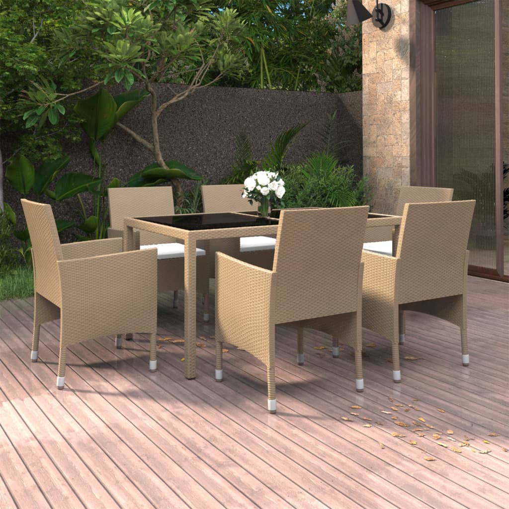 Set da Pranzo Giardino 7 pz Polyrattan e Vetro Temperato Beige - homemem39