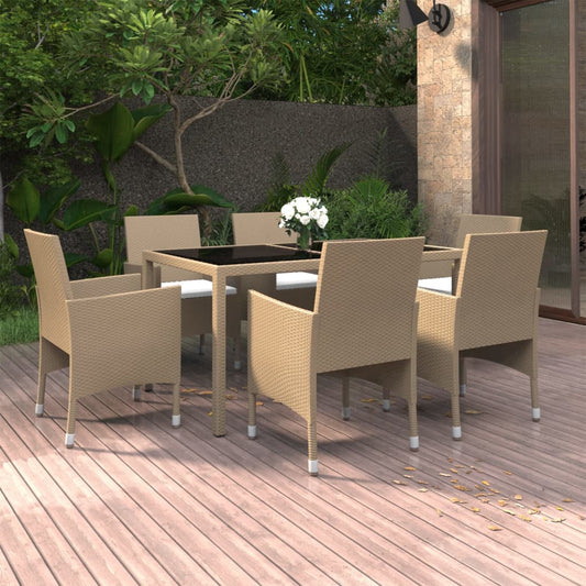 Set da Pranzo Giardino 7 pz Polyrattan e Vetro Temperato Beige - homemem39
