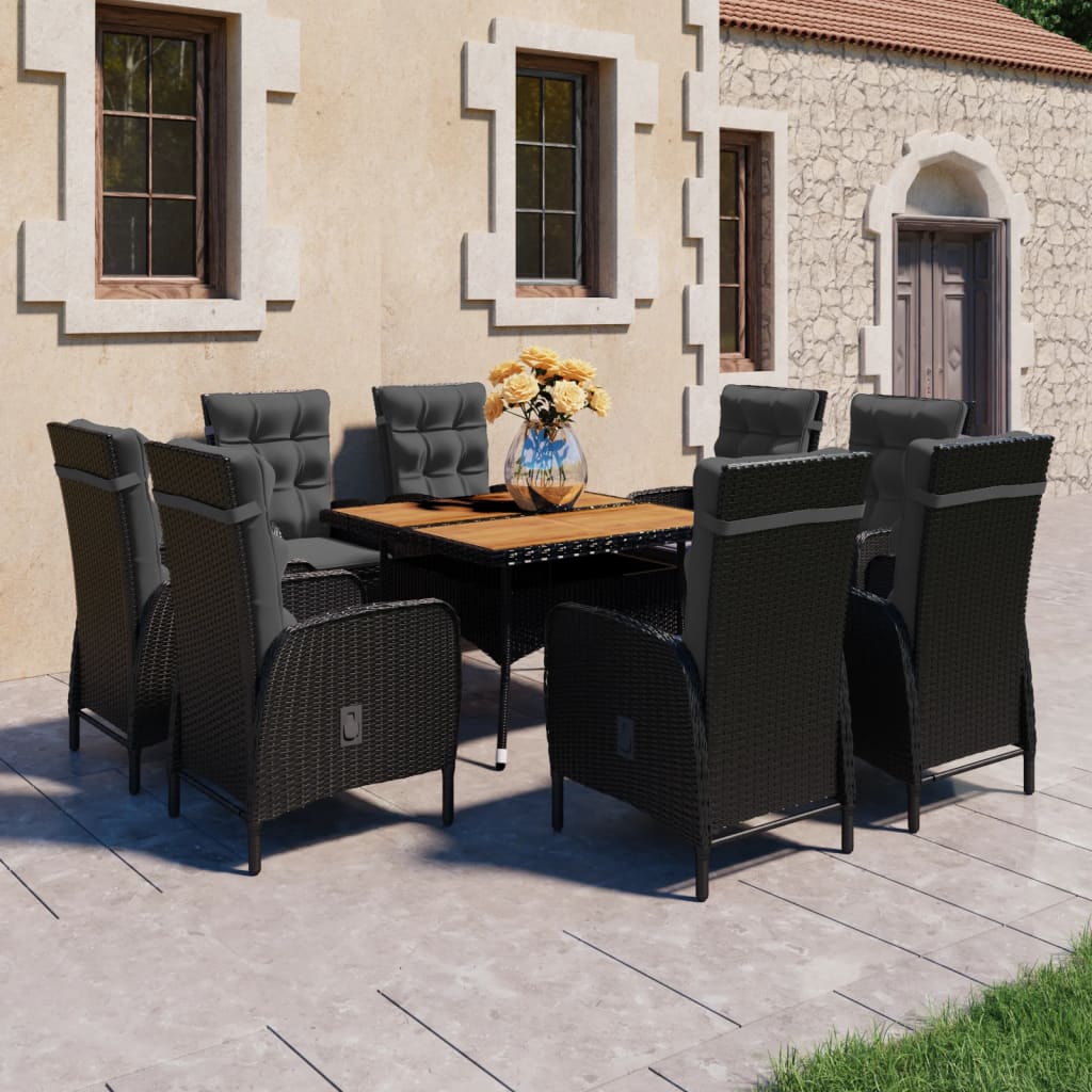 Set da Pranzo da Giardino 9 pz in Polyrattan e Acacia Nero - homemem39