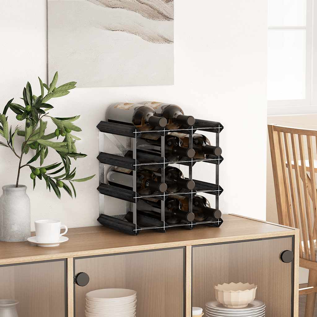 Portavini da 12 Bottiglie Nero in Legno Massello di Pino