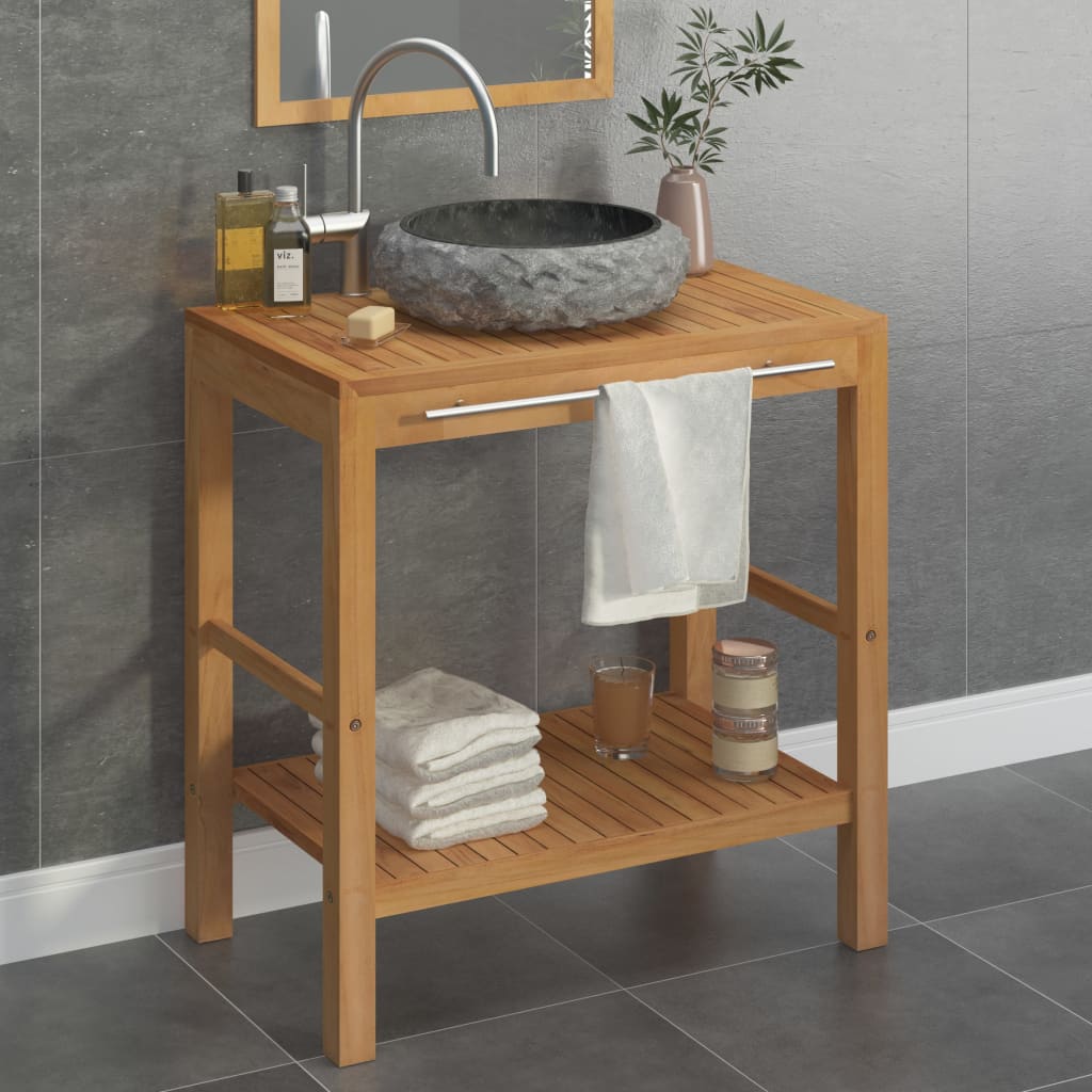 Armadietto da Bagno in Legno di Teak con Lavabo in Marmo Nero