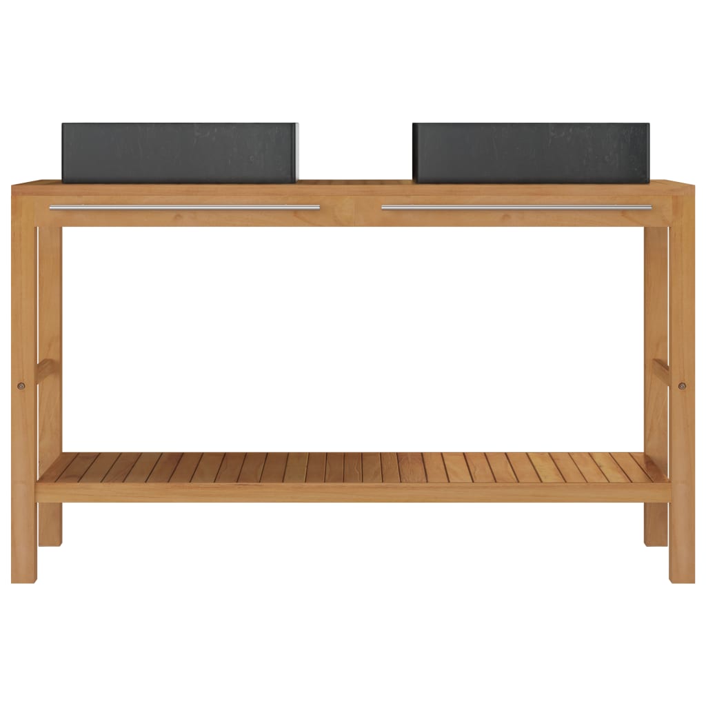 Armadietto da Bagno in Legno di Teak con Lavabi in Marmo Nero - homemem39